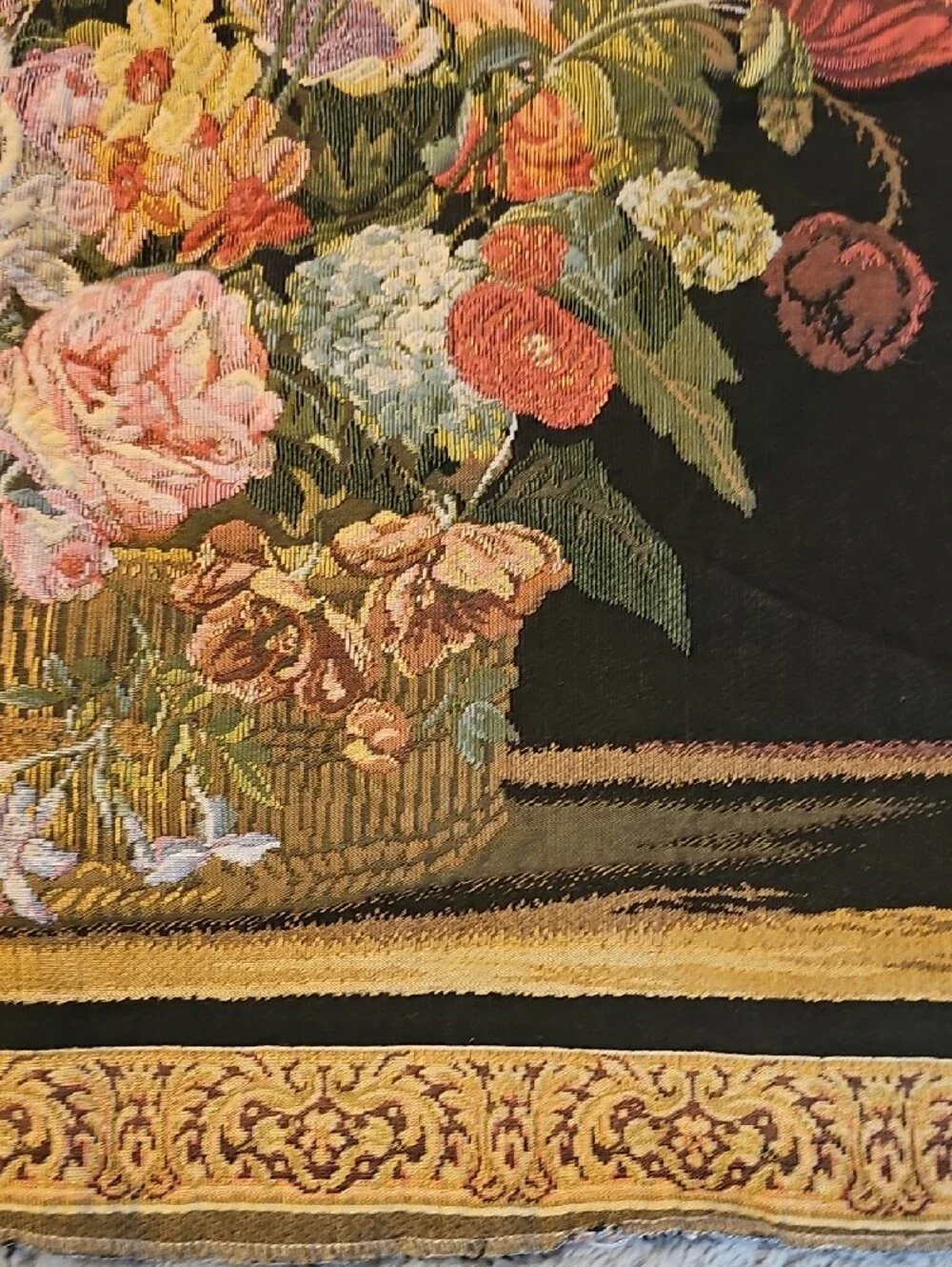 Vintage Black Tapestry Floral Basket Home Decor 70s Wall Hanging 27 X 25